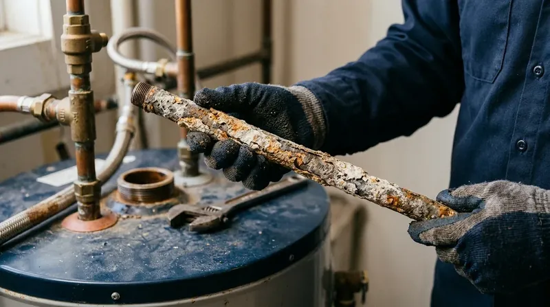 Corroded anode rod Gloved hands holding a corroded anode rod removed from a water heater