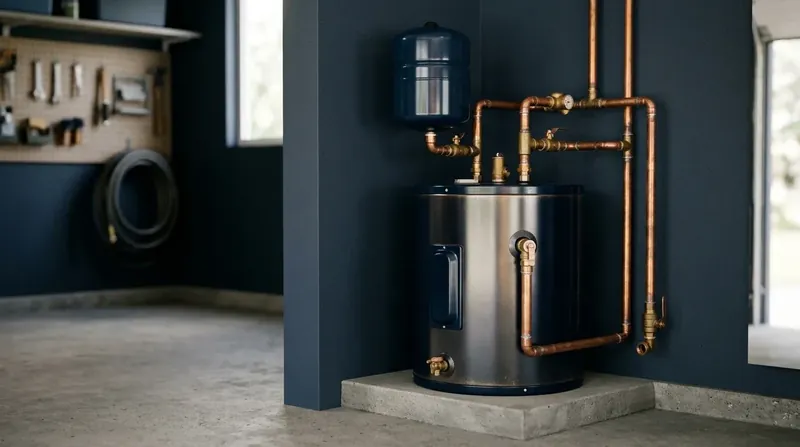 Garage water heater Tank water heater with an expansion tank and copper piping in a garage