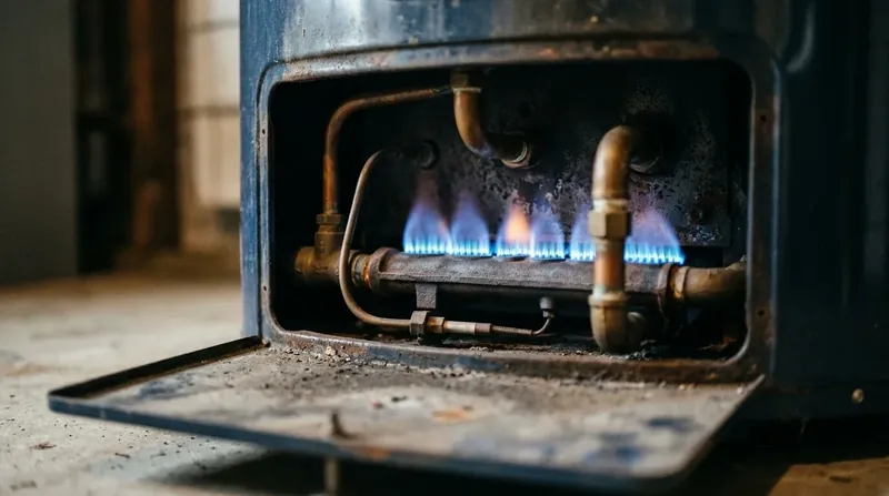 Blue gas burner flames inside the burner compartment of a gas water heater
