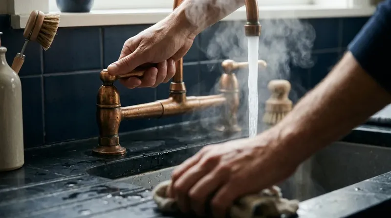 Hot water running with steam from a copper kitchen faucet after a water heater repair
