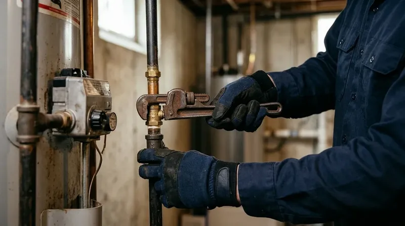 Plumber using a pipe wrench on the gas line of a tank water heater
