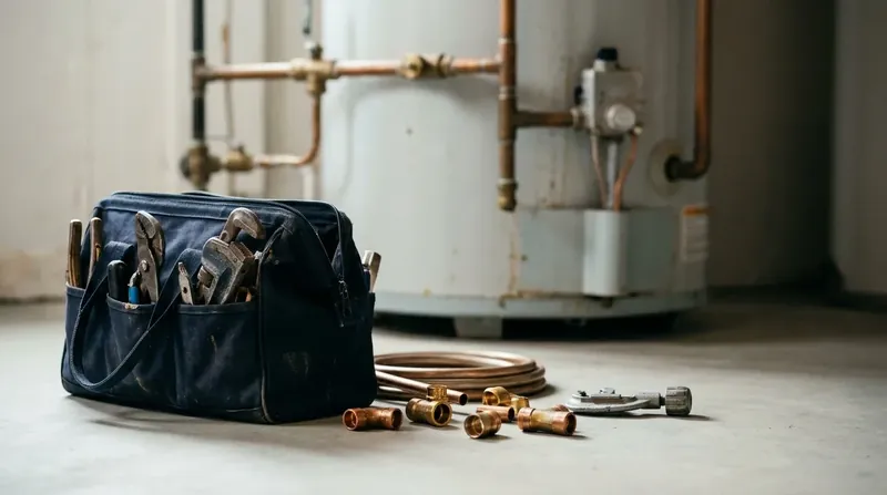 Plumber's tool bag, pipe wrenches and copper fittings beside a water heater