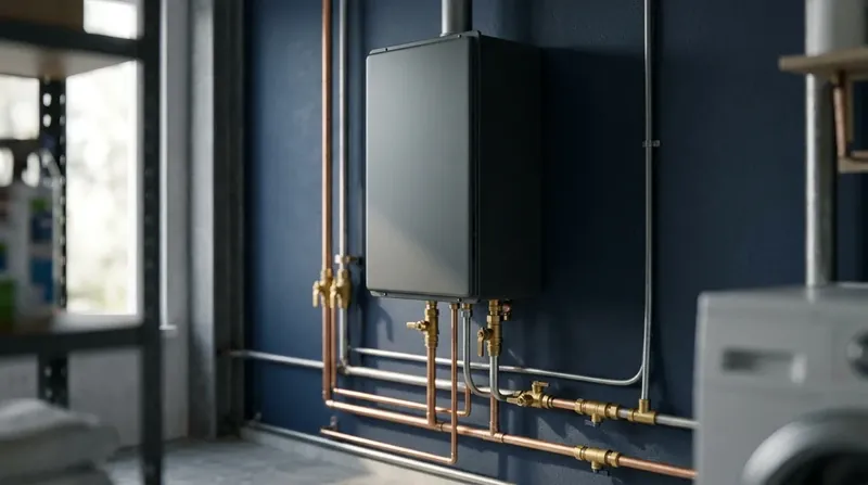 Wall-mounted tankless water heater with copper and brass water and gas lines