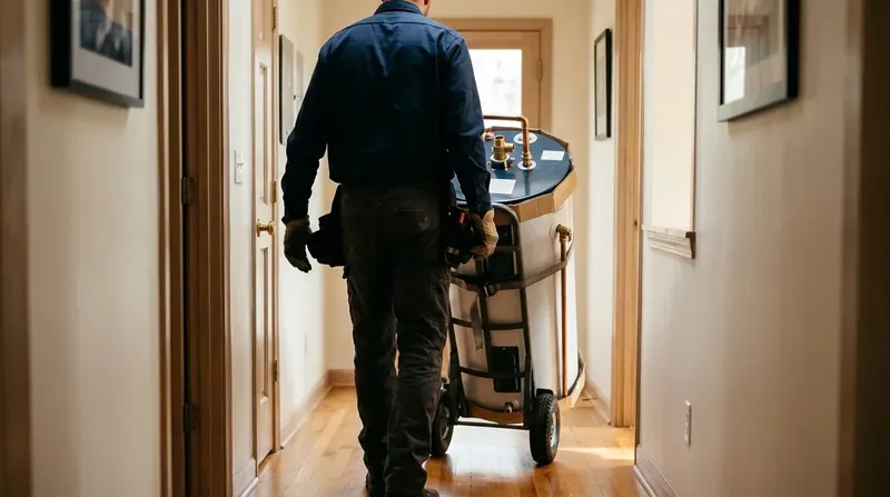 Plumber wheeling a new tank water heater through a home hallway on a hand truck
